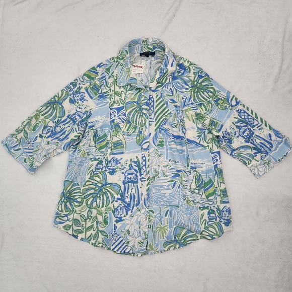 RACHEL ROY Linen Blend Lightweight Button Down Shirt Tropical Leaf Print 1X NWT - Picture 5 of 10
